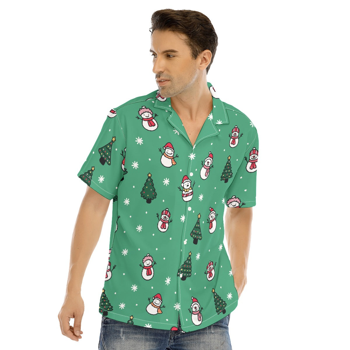 Men's Short Sleeve Christmas Shirt - Green Snowman
