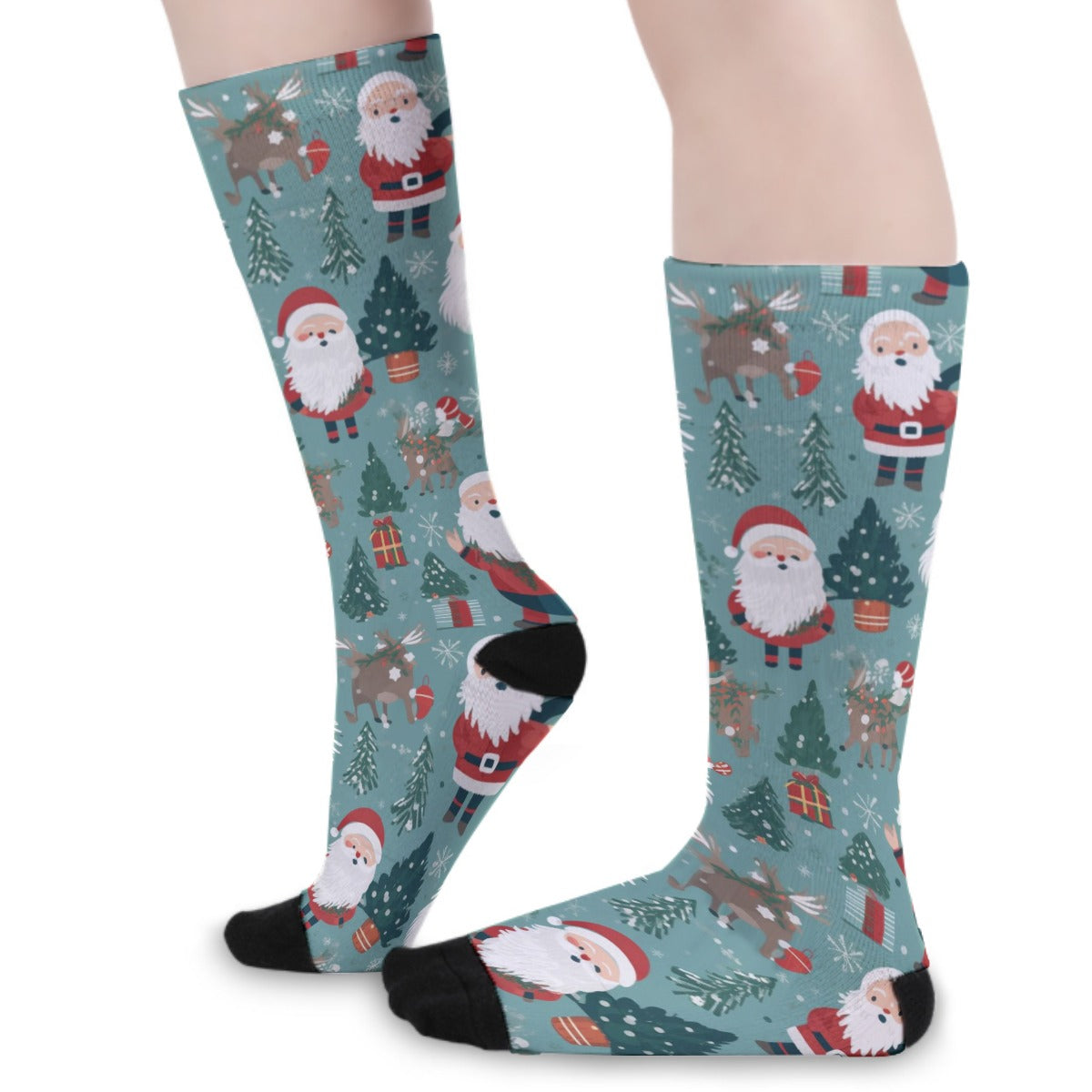 Unisex Long Socks - Green Santas 2