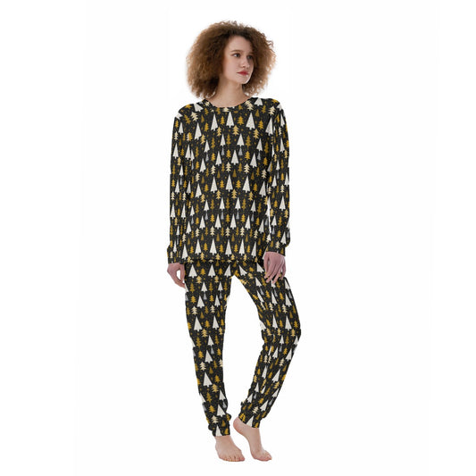 Women's Christmas Pyjamas - Black with Gold Trees