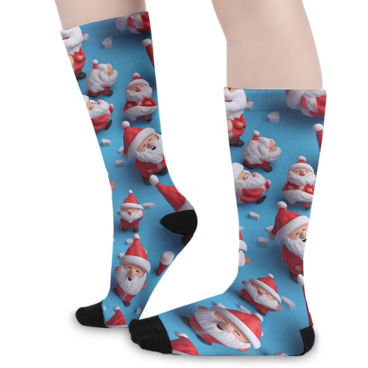 Unisex Long Socks - Blue 3d Santas