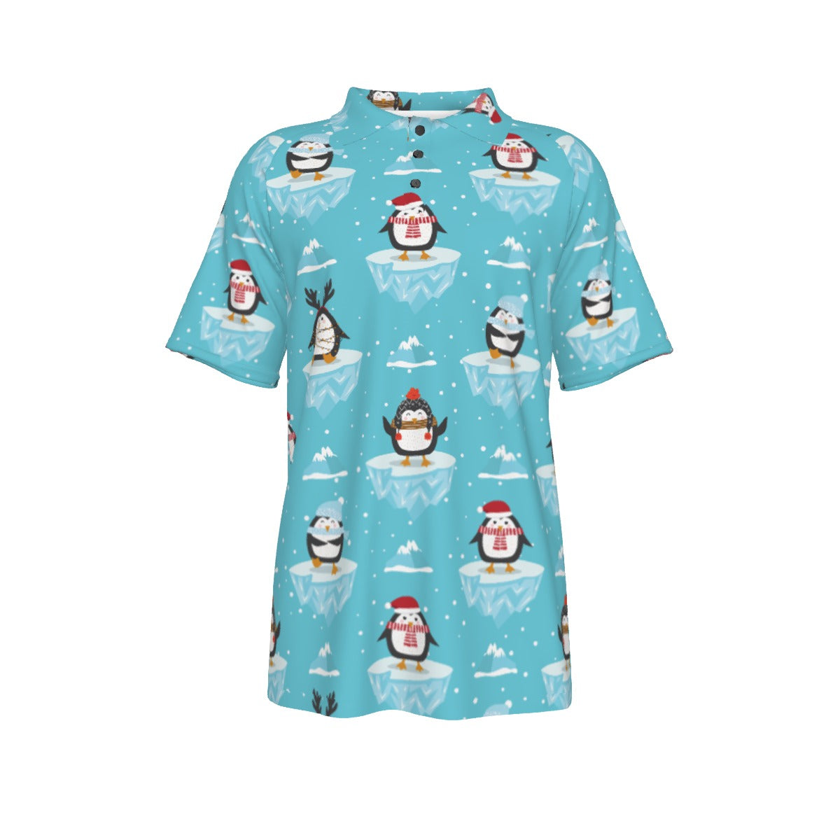 Men's Short Sleeve Christmas Polo Shirt - Icy Penguins