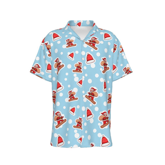 Men's Short Sleeve Christmas Shirt - Santa Snowboarding