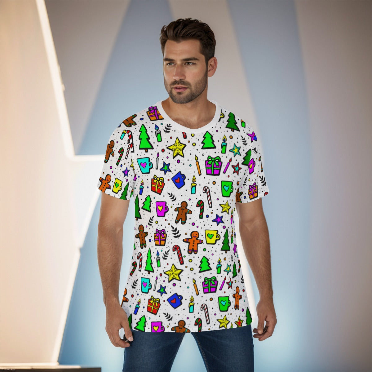 Mens Short Sleeve Christmas Tee - Bright Doodle