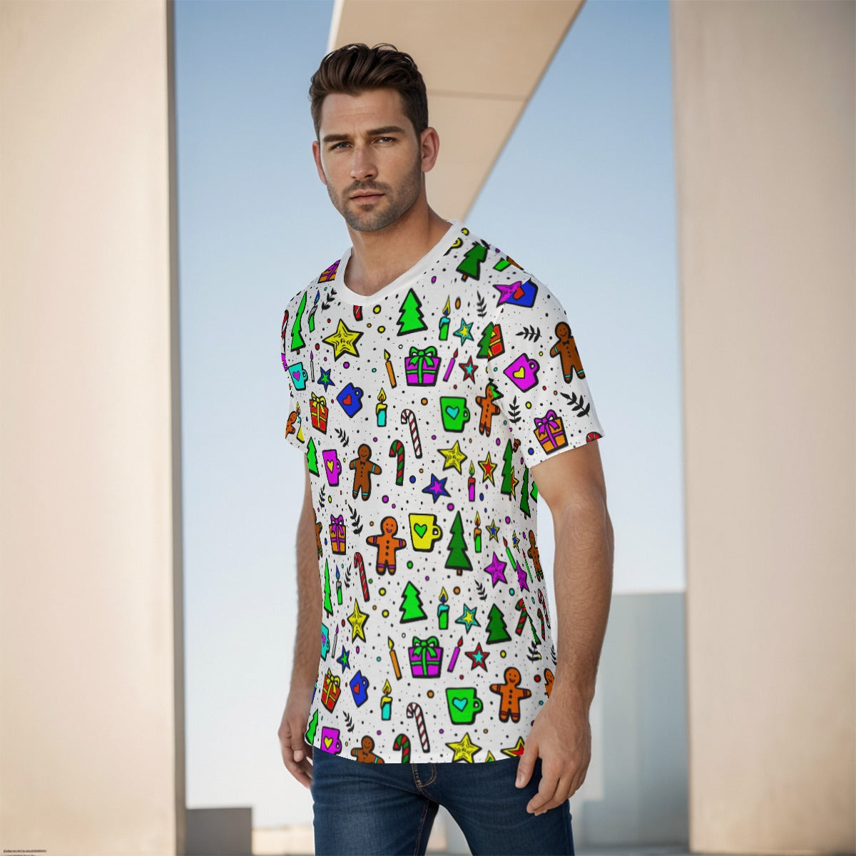 Mens Short Sleeve Christmas Tee - Bright Doodle