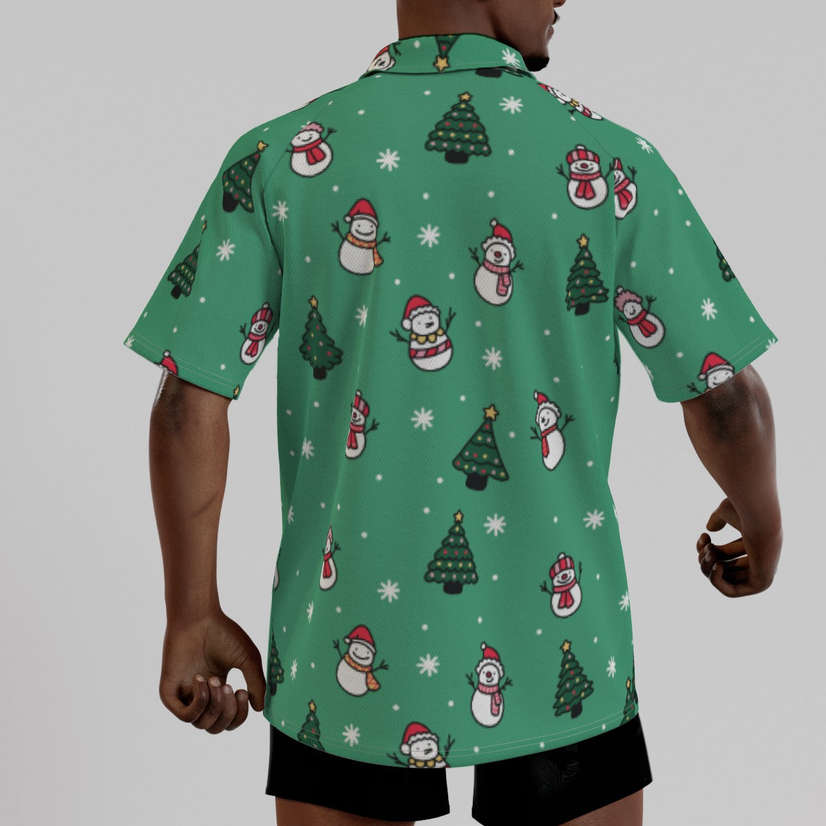 Men's Short Sleeve Christmas Polo Shirt- Green Snowman