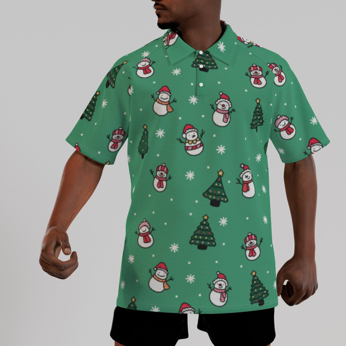 Men's Short Sleeve Christmas Polo Shirt- Green Snowman