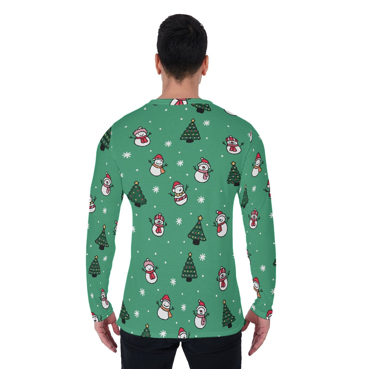 Men's Long Sleeve Christmas T-Shirt- Green Snowman