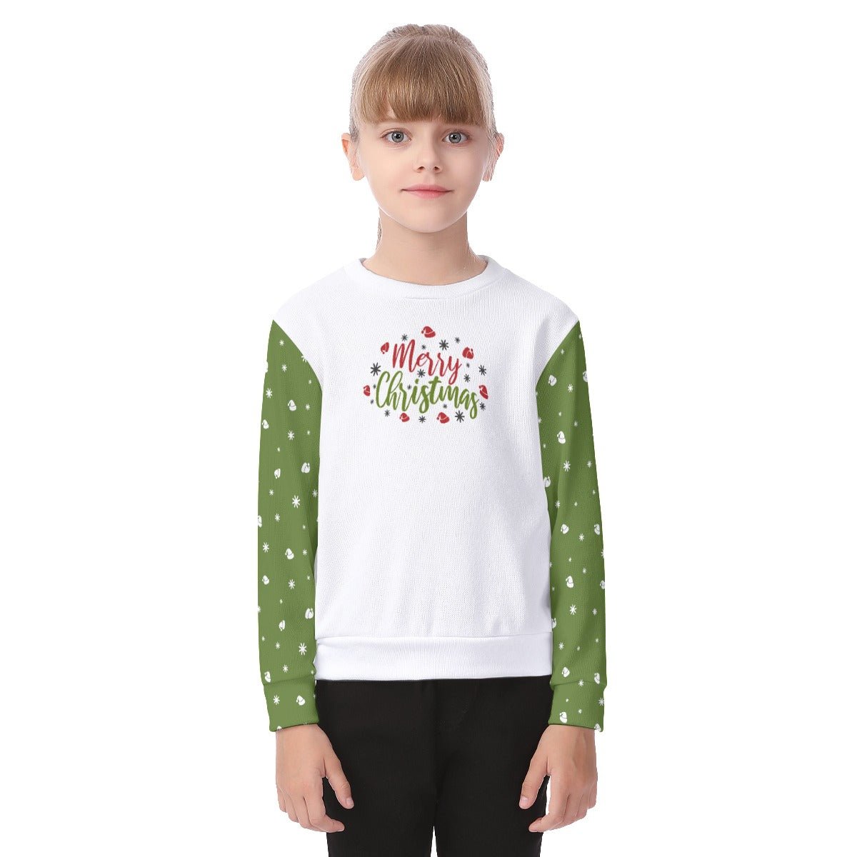 Kid's Christmas Sweater - Merry Christmas - Green Sleeves - Festive Style