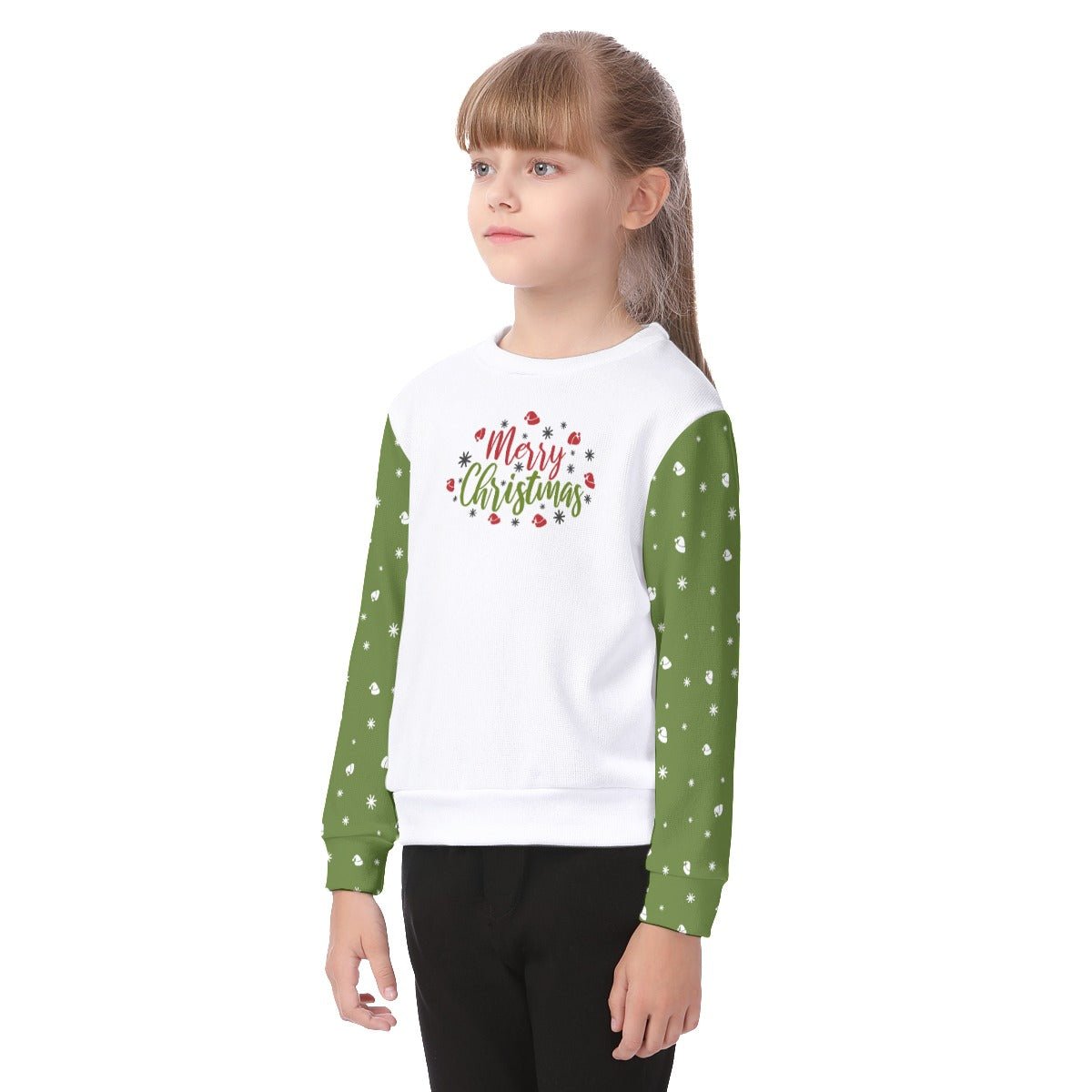 Kid's Christmas Sweater - Merry Christmas - Green Sleeves - Festive Style