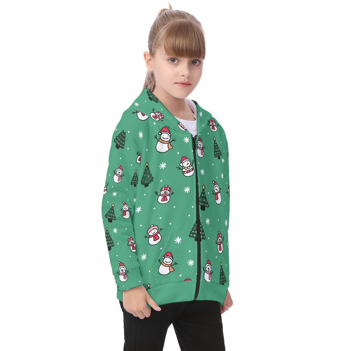 Kid's Fleece Christmas Zip Hoodie- Green Snowman - Festive Style