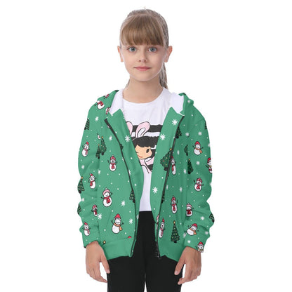 Kid's Fleece Christmas Zip Hoodie- Green Snowman - Festive Style