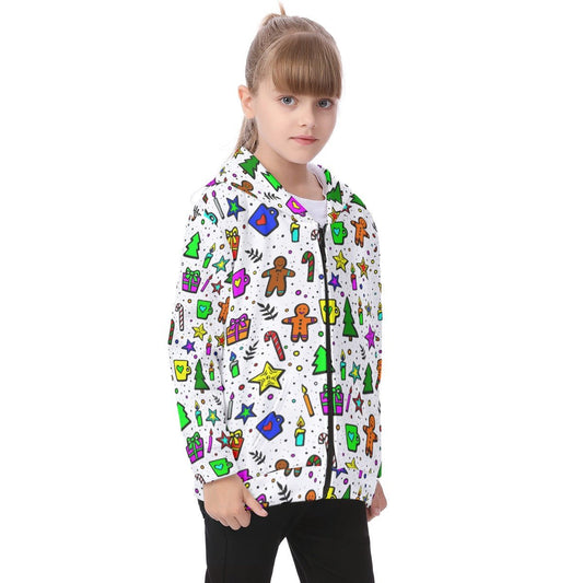 Kid's Fleece Zip Christmas Hoodie - Bright Doodle - Festive Style