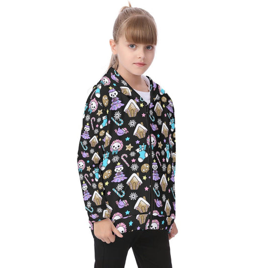 Kid's Fleece Zip Christmas Hoodie - Creepy Kawaii - Black - Festive Style