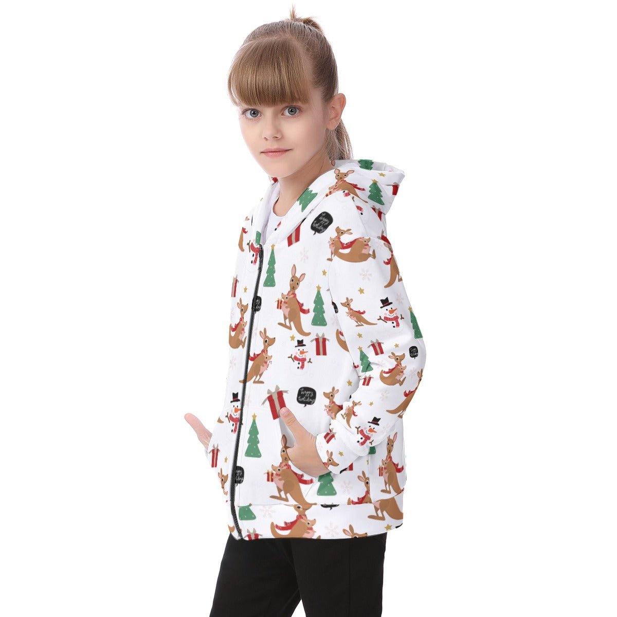 Kid's Fleece Zip Christmas Hoodie - Kangaroos - Festive Style