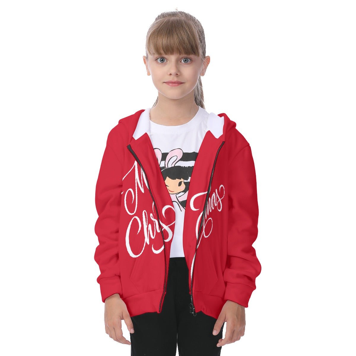 Kid's Fleece Zip Christmas Hoodie - Merry Christmas - Red - Festive Style