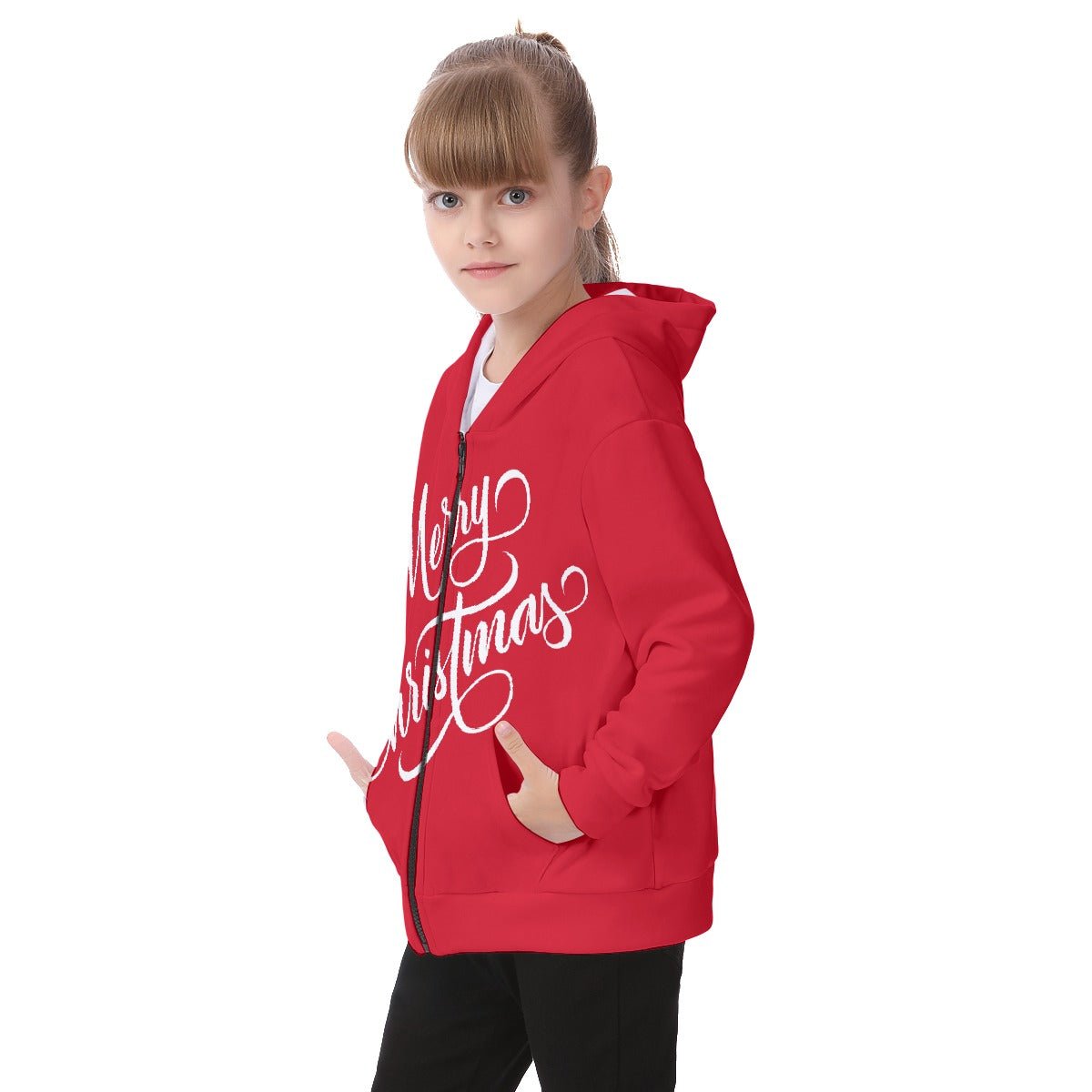 Kid's Fleece Zip Christmas Hoodie - Merry Christmas - Red - Festive Style