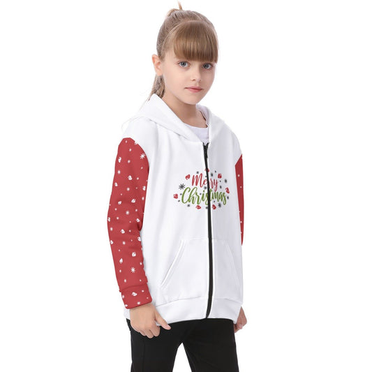 Kid's Fleece Zip Christmas Hoodie - Merry Christmas - Red Sleeves - Festive Style