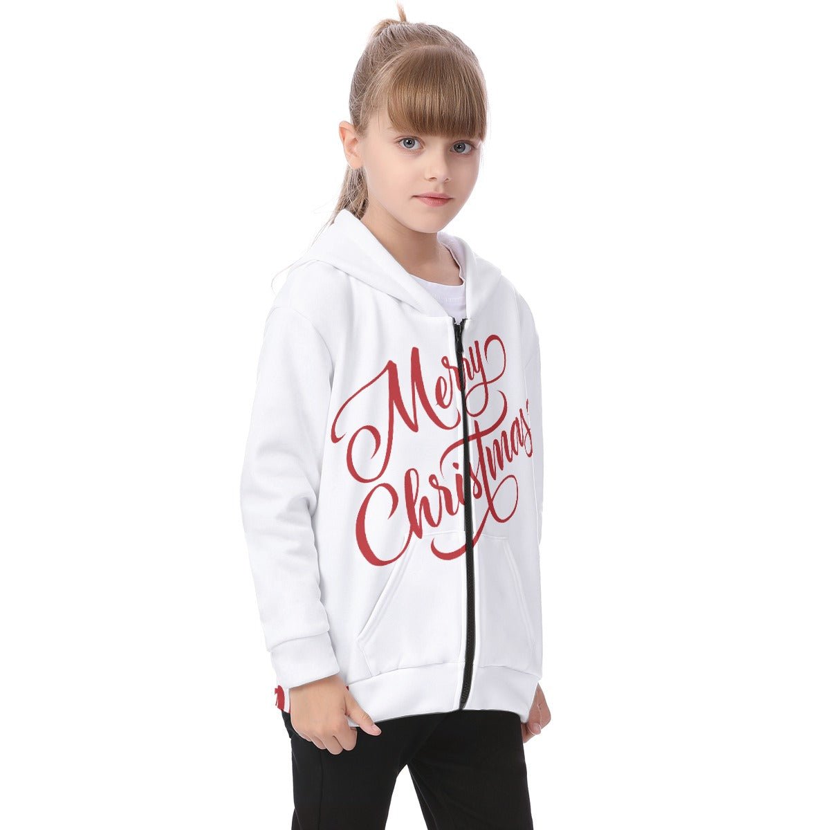 Kid's Fleece Zip Christmas Hoodie - Merry Christmas - White - Festive Style