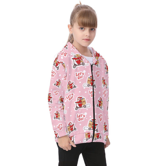 Kid's Fleece Zip Christmas Hoodie - Pink "Let's Go" - Festive Style