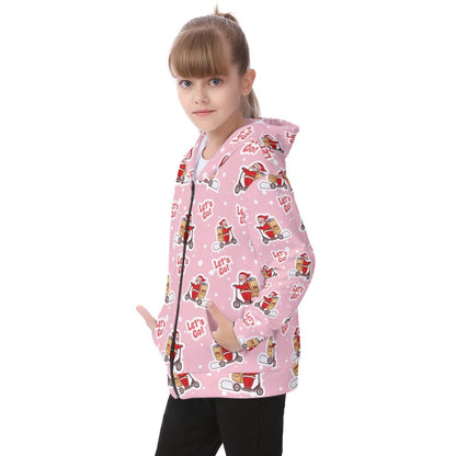 Kid's Fleece Zip Christmas Hoodie - Pink "Let's Go" - Festive Style