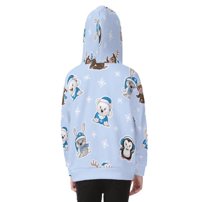 Kid's Fleece Zip Christmas Hoodie - Polar Blue - Festive Style