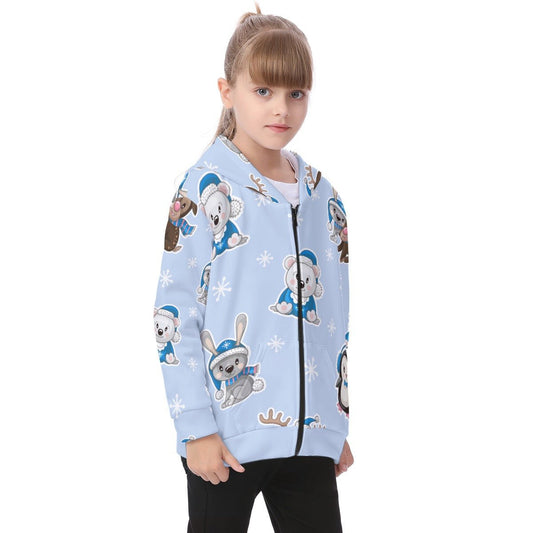 Kid's Fleece Zip Christmas Hoodie - Polar Blue - Festive Style