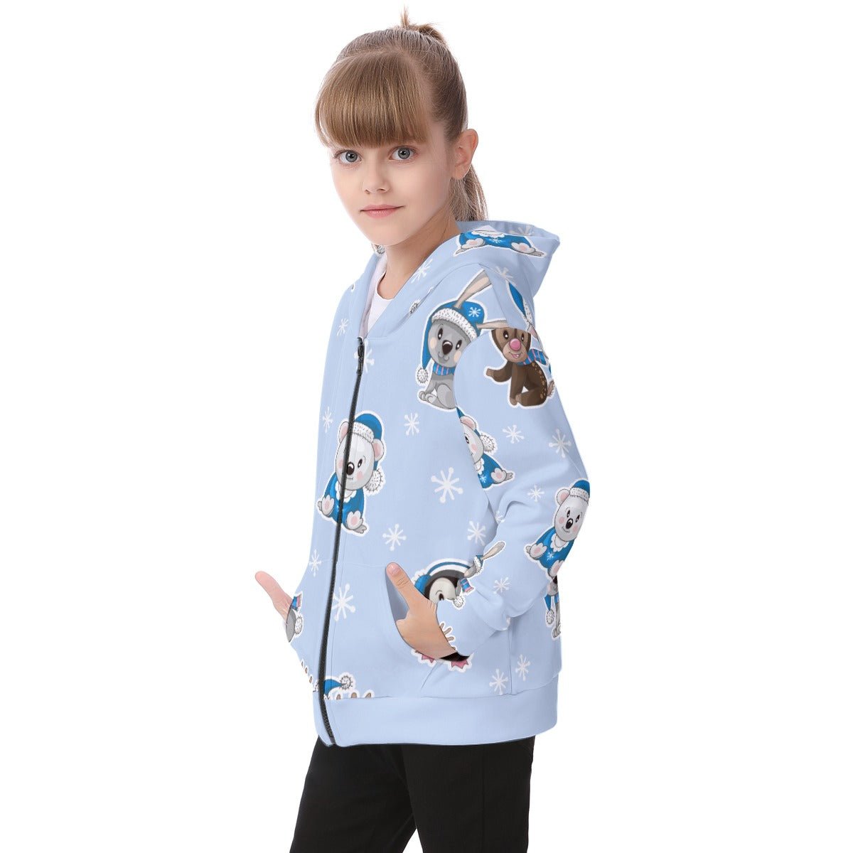 Kid's Fleece Zip Christmas Hoodie - Polar Blue - Festive Style
