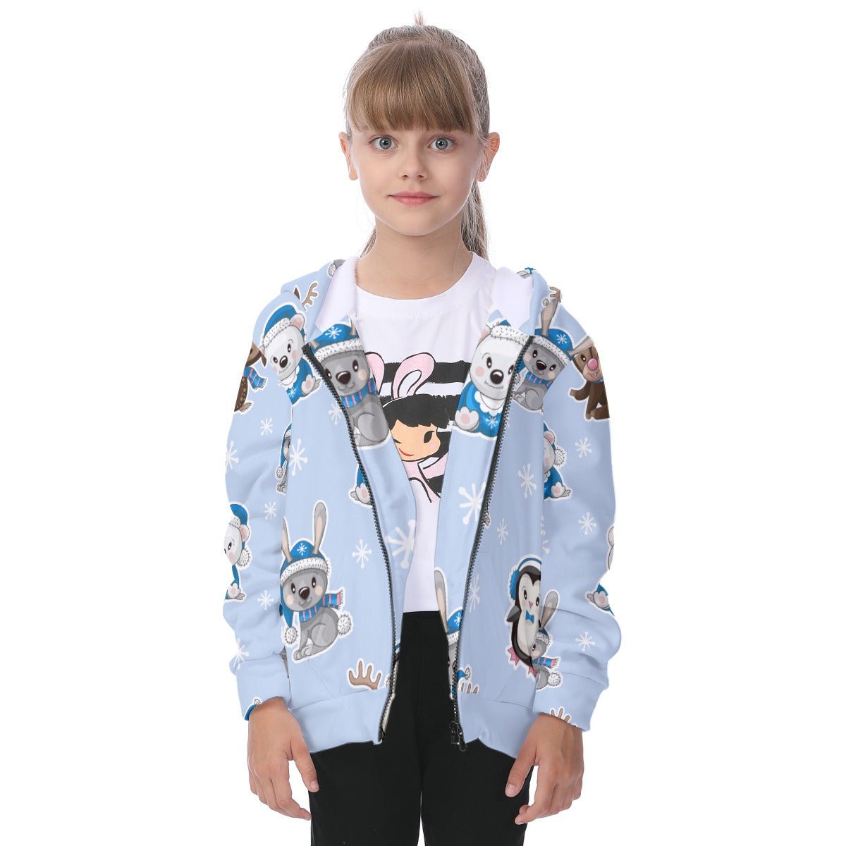 Kid's Fleece Zip Christmas Hoodie - Polar Blue - Festive Style
