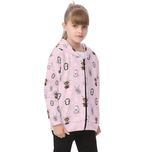 Kid's Fleece Zip Christmas Hoodie - Polar Pink - Festive Style