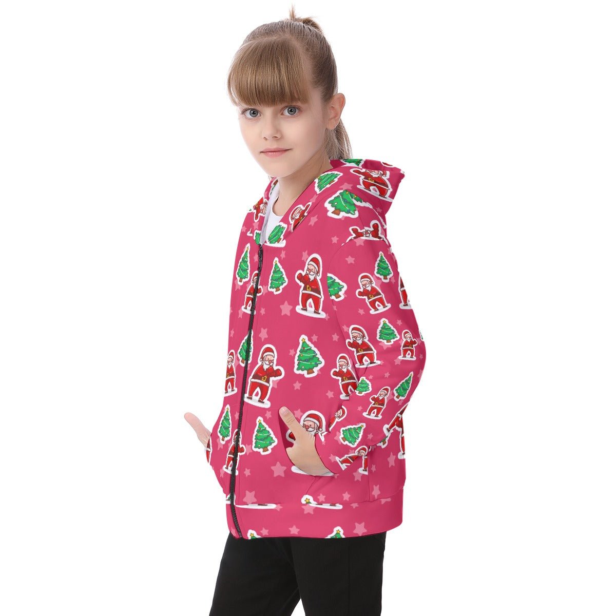Kid's Fleece Zip Christmas Hoodie - Red Santa Boxing - Festive Style