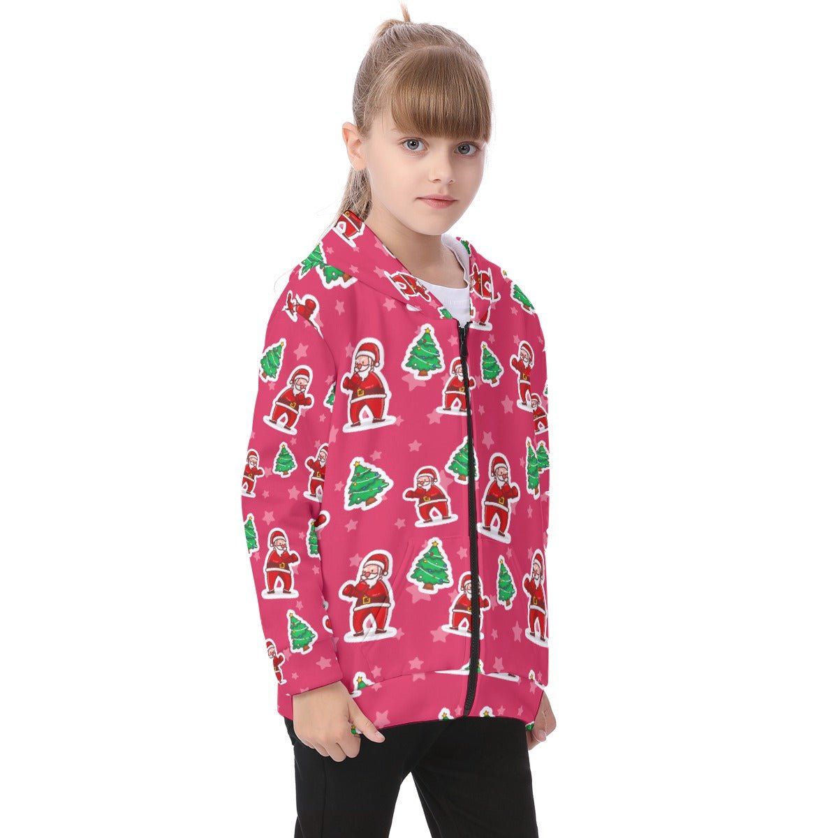 Kid's Fleece Zip Christmas Hoodie - Red Santa Boxing - Festive Style