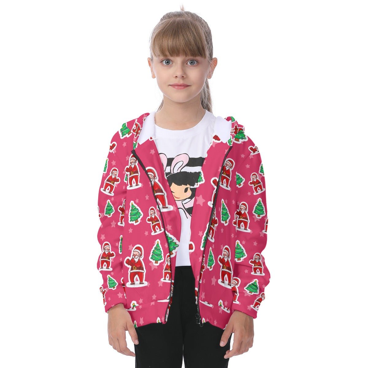 Kid's Fleece Zip Christmas Hoodie - Red Santa Boxing - Festive Style