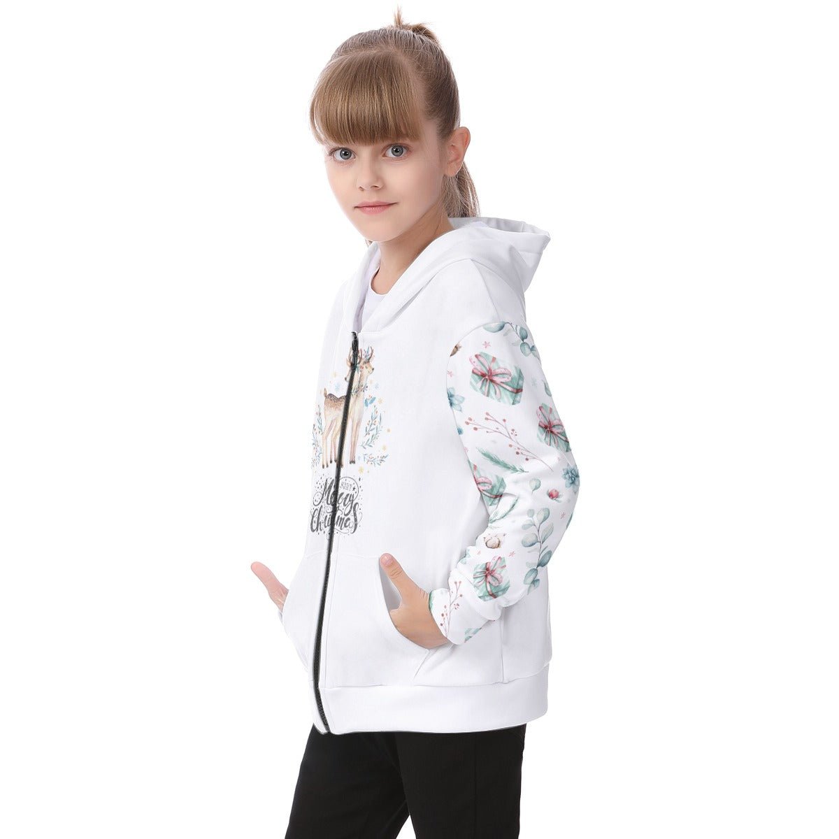 Kid's Fleece Zip Christmas Hoodie - Two Deers - Festive Style