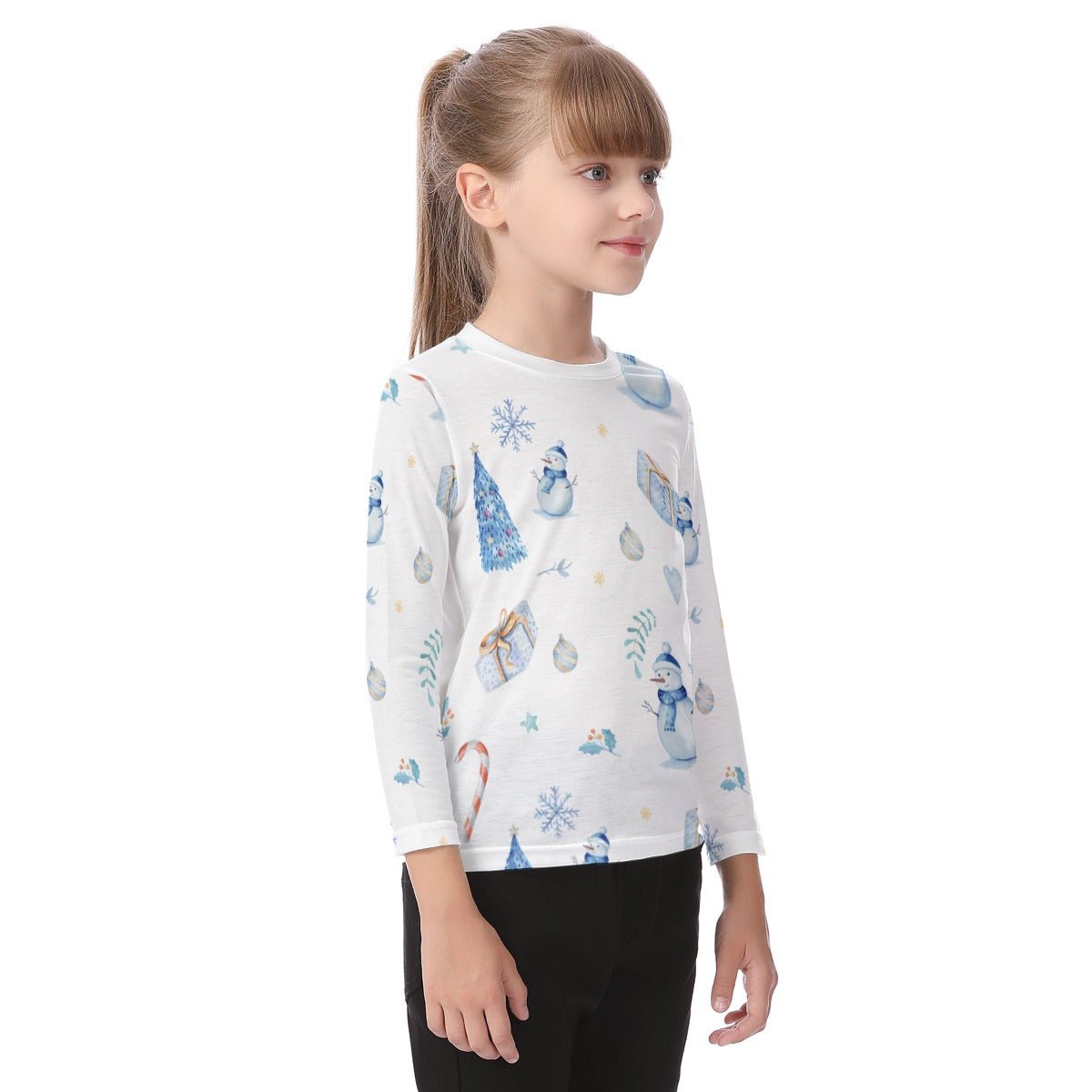Kid's Long Sleeve Christmas T-shirt - Blue Pattern - Festive Style