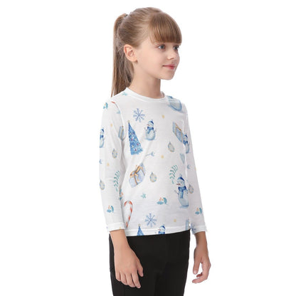 Kid's Long Sleeve Christmas T-shirt - Blue Pattern - Festive Style