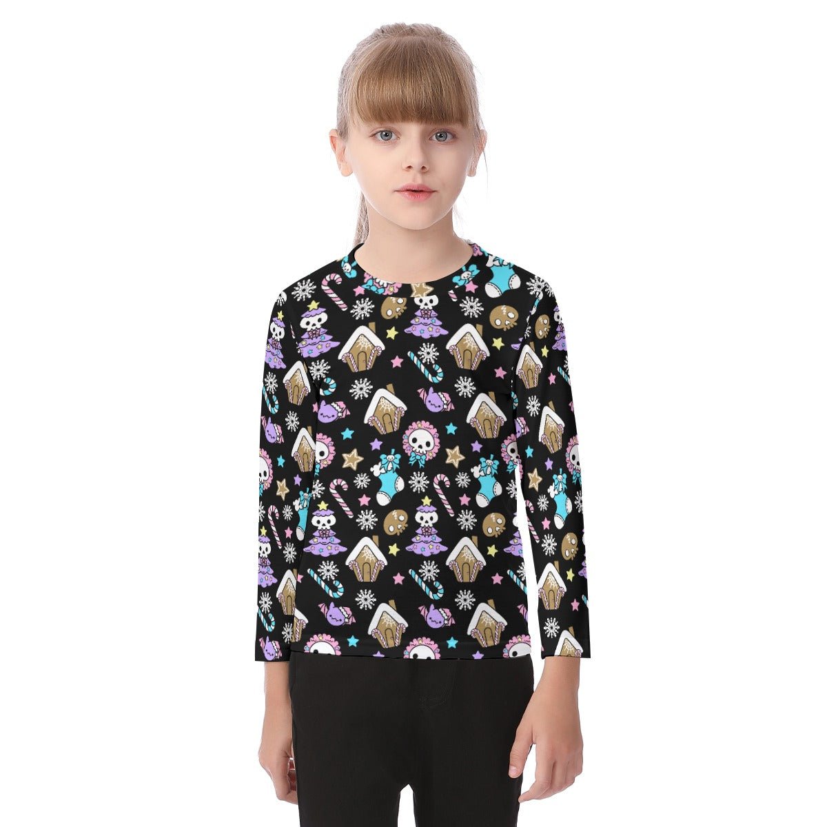 Kid's Long Sleeve Christmas T-shirt - Creepy Kawaii - Black - Festive Style