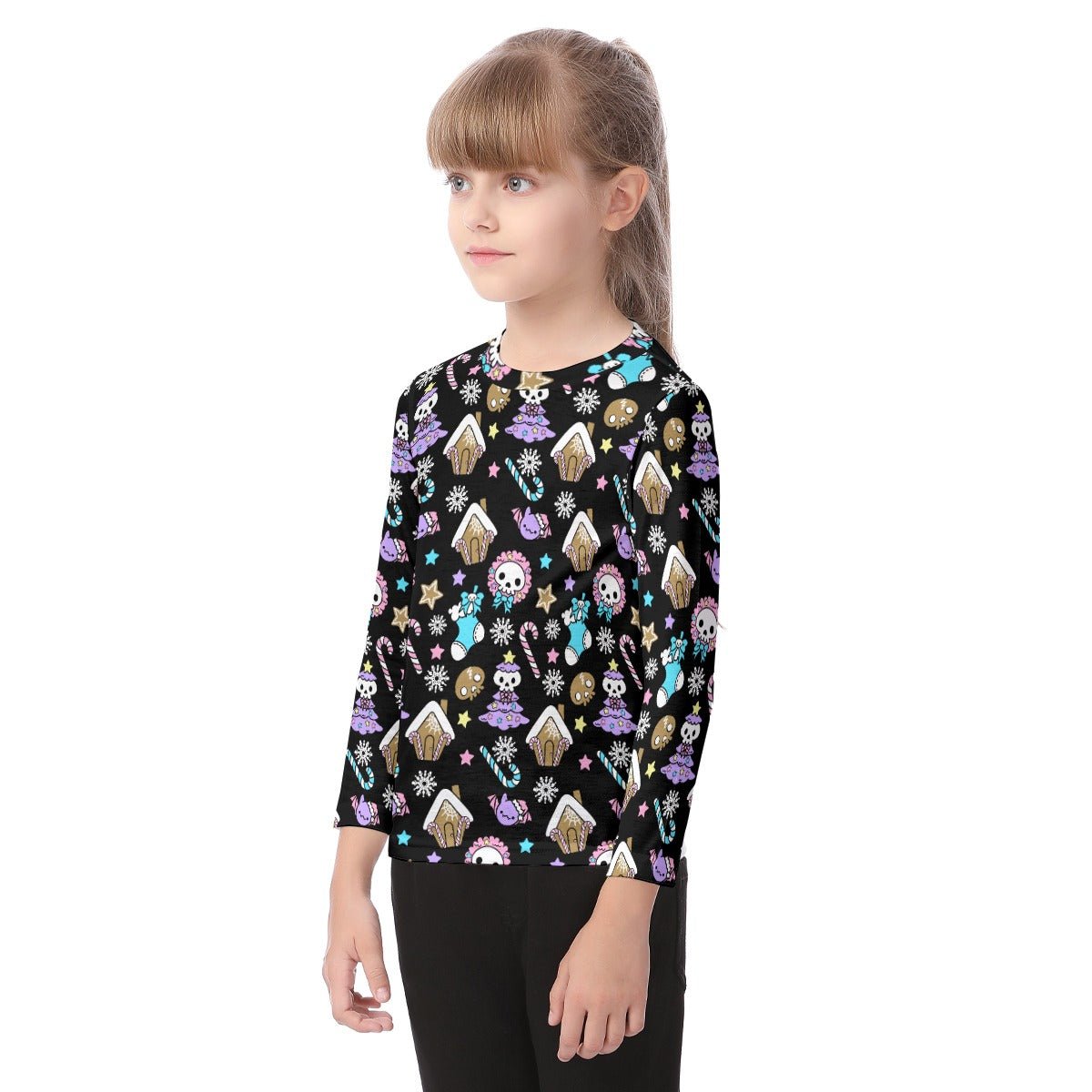 Kid's Long Sleeve Christmas T-shirt - Creepy Kawaii - Black - Festive Style