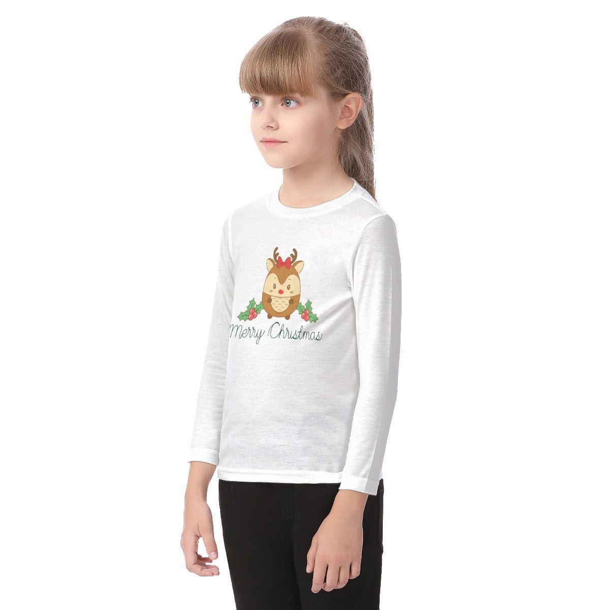 Kid's Long Sleeve Christmas T-shirt - Cute Reindeer - Festive Style