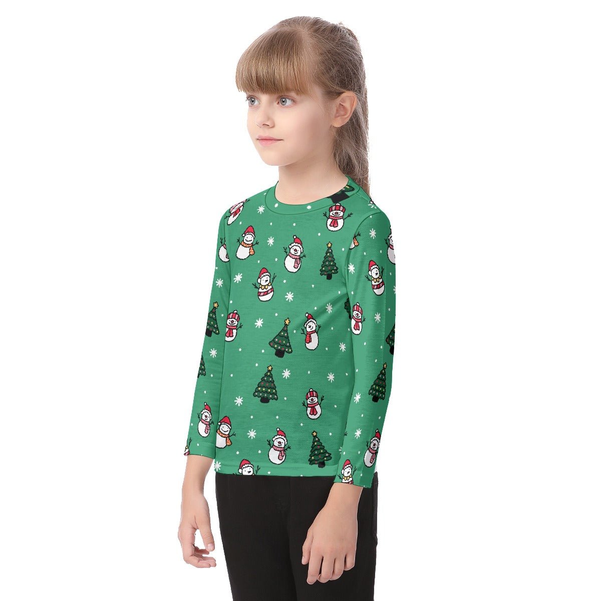 Kid's Long Sleeve Christmas T-shirt - Green Snowman - Festive Style