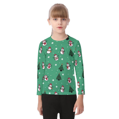 Kid's Long Sleeve Christmas T-shirt - Green Snowman - Festive Style