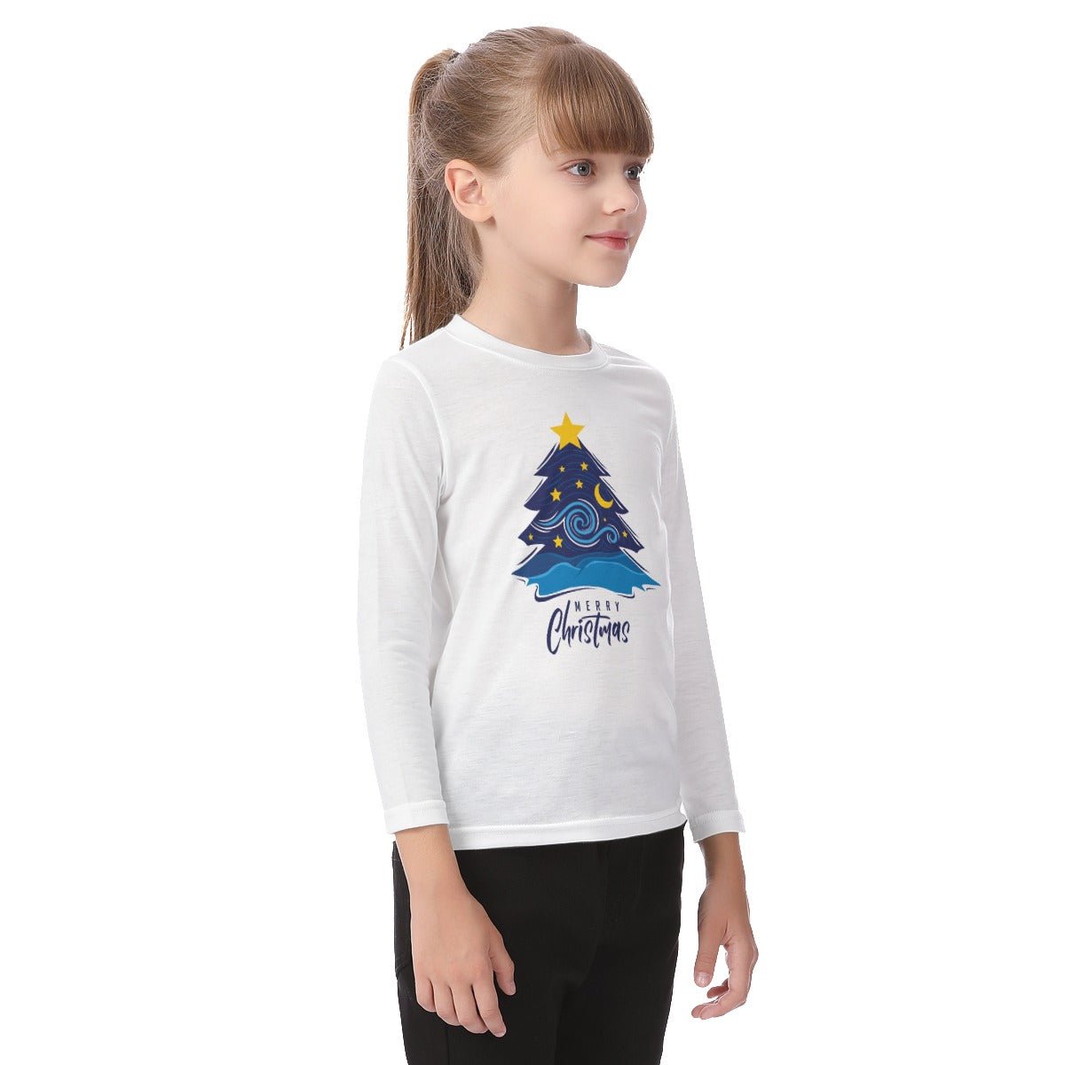 Kid's Long Sleeve Christmas T-shirt - Merry Christmas - Blue Tree - Festive Style