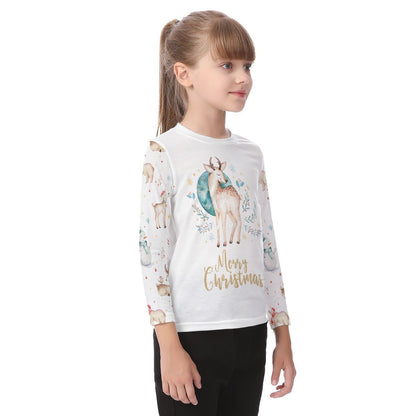 Kid's Long Sleeve Christmas T-shirt - Natural Reindeer - Festive Style