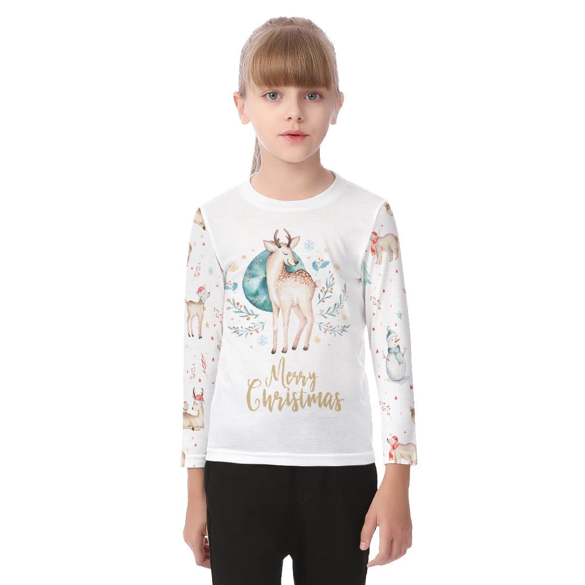 Kid's Long Sleeve Christmas T-shirt - Natural Reindeer - Festive Style