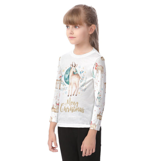 Kid's Long Sleeve Christmas T-shirt - Natural Reindeer - Festive Style