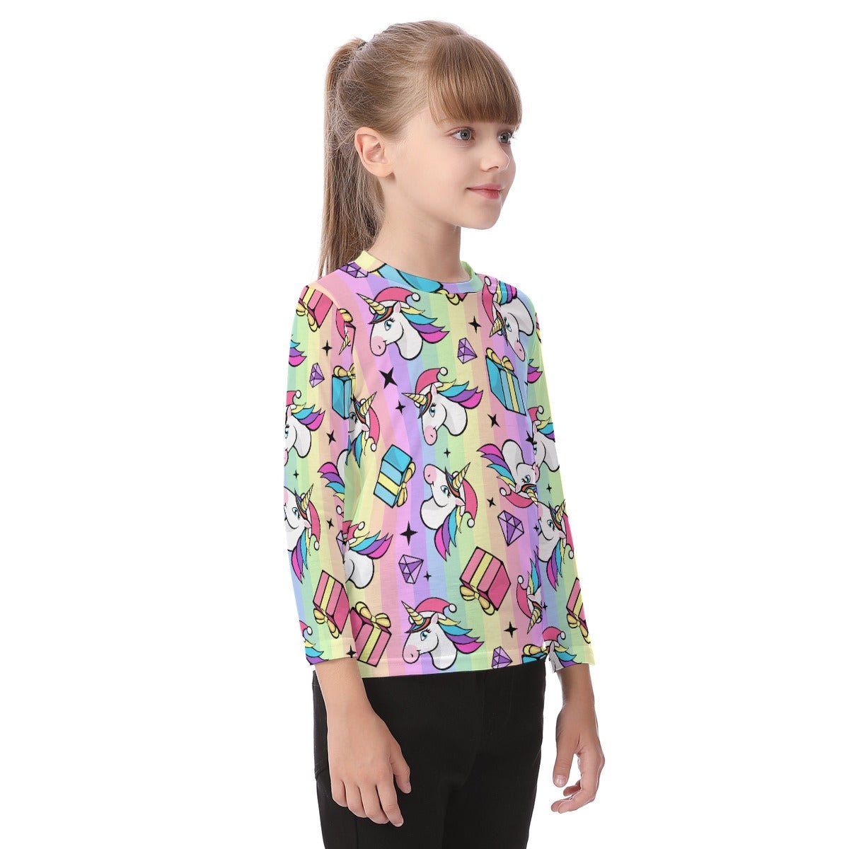 Kid's Long Sleeve Christmas T-shirt - Rainbow Unicorns - Festive Style