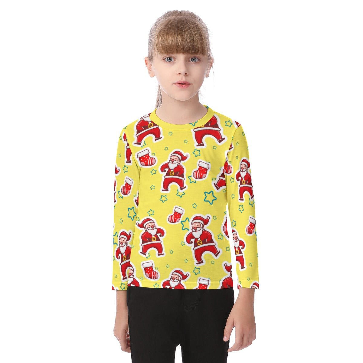 Kid's Long Sleeve Christmas T-shirt - Santa and Stars - Festive Style
