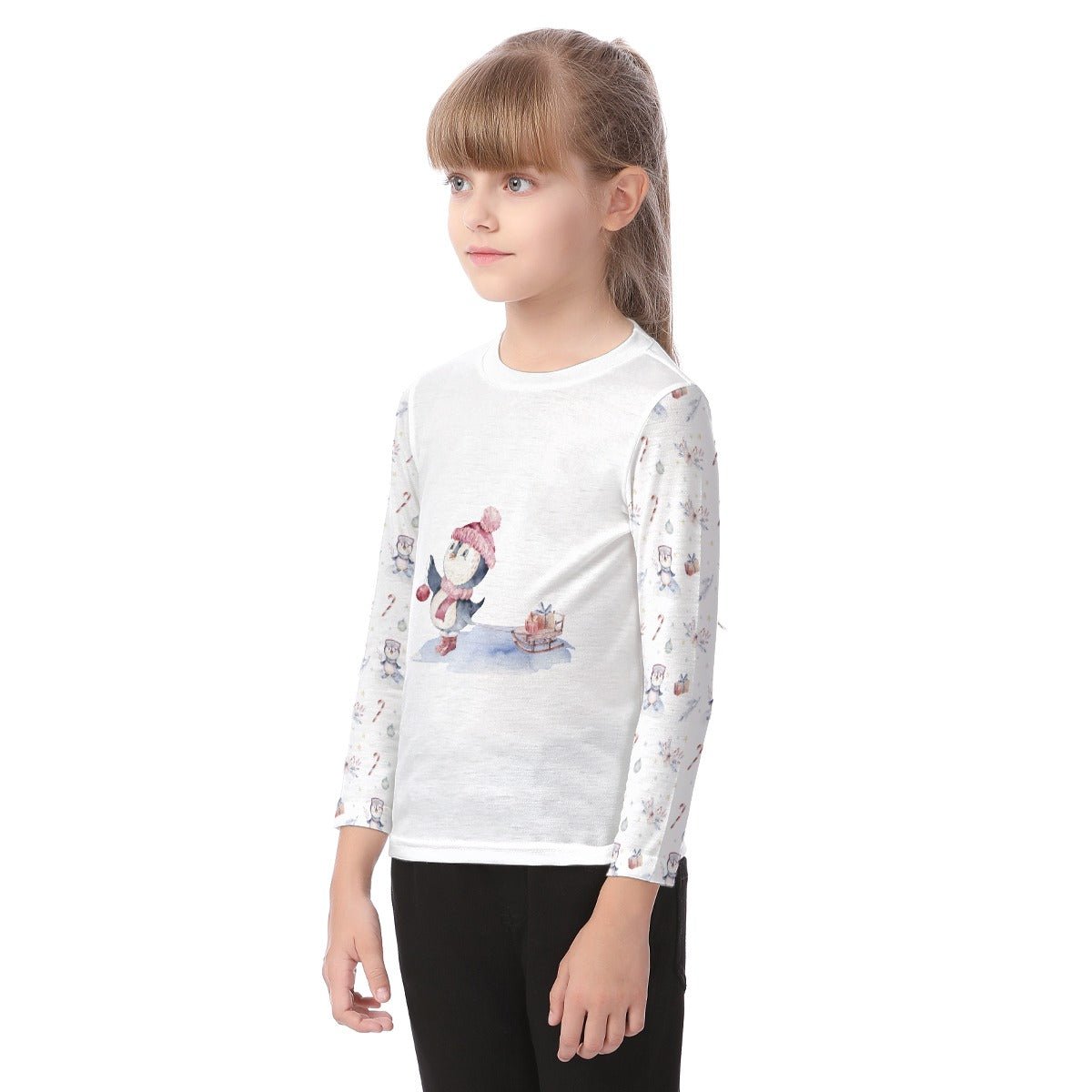 Kid's Long Sleeve Christmas T-shirt - Skating Penguin - Festive Style