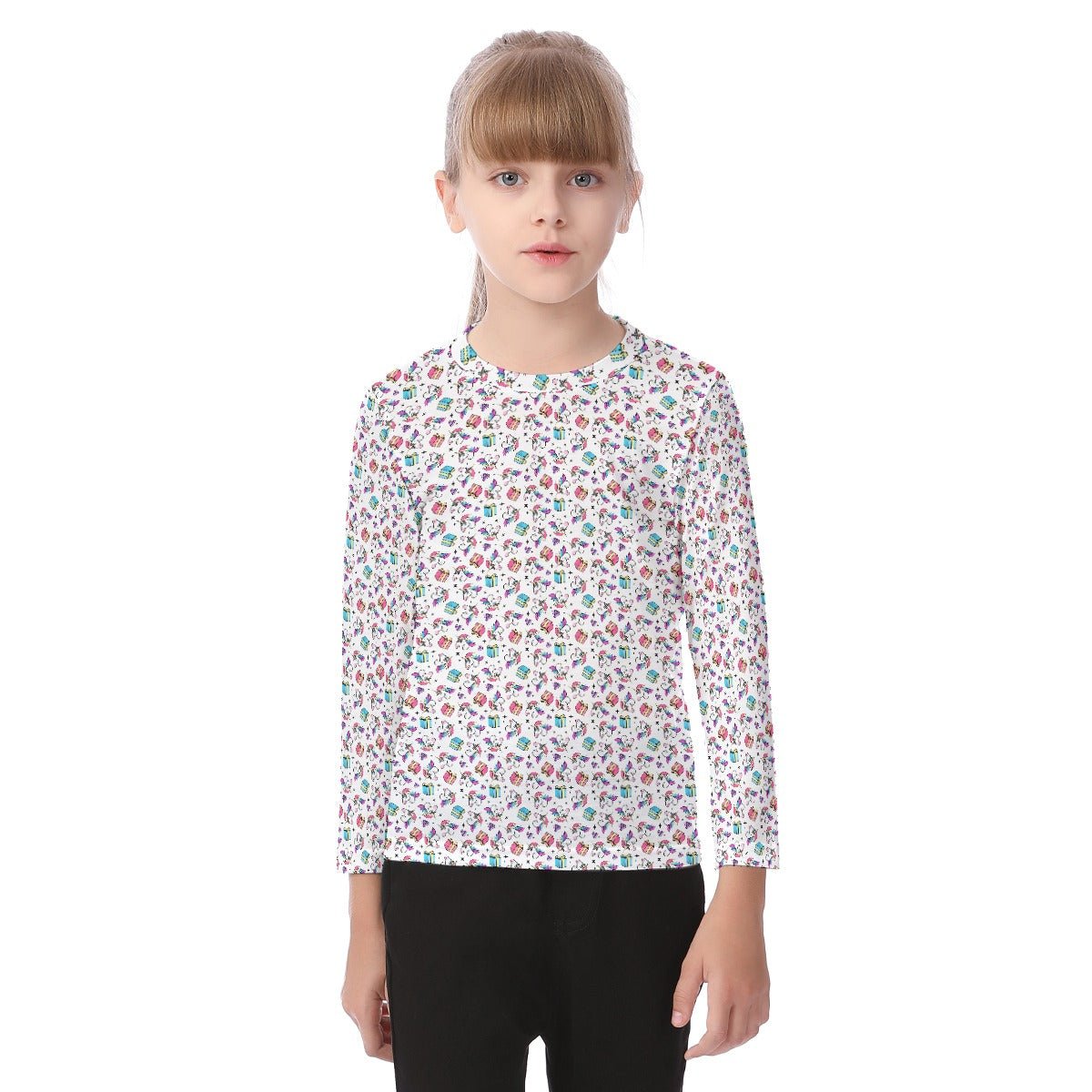 Kid's Long Sleeve Christmas T-shirt - Unicorn Pattern - Festive Style