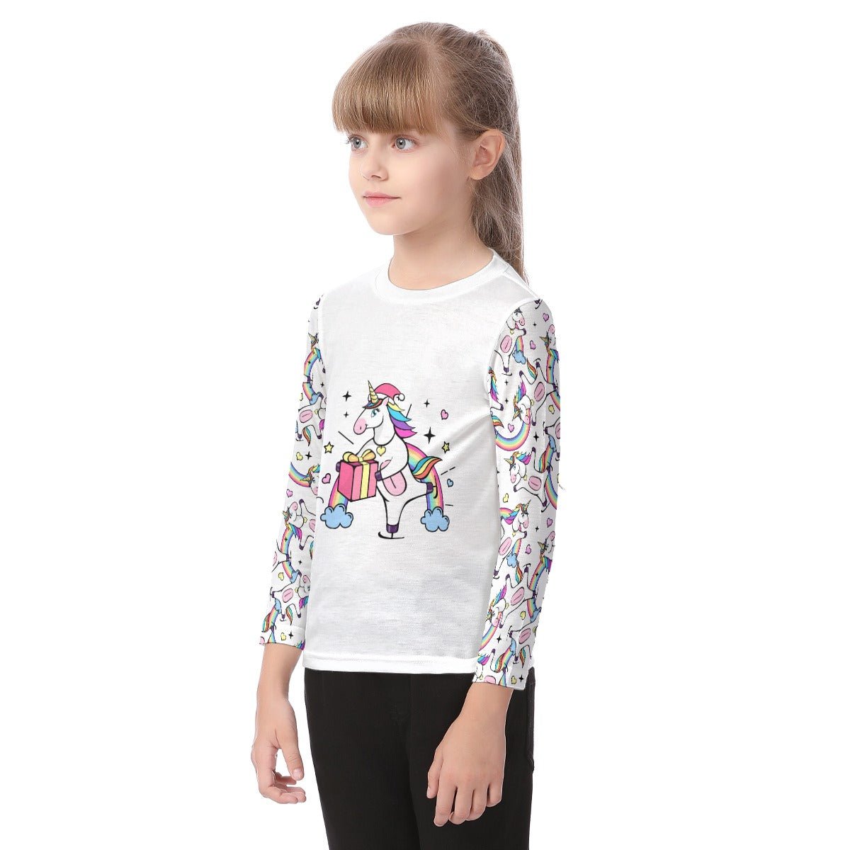 Kid's Long Sleeve Christmas T-shirt - Unicorn with Present - Festive Style