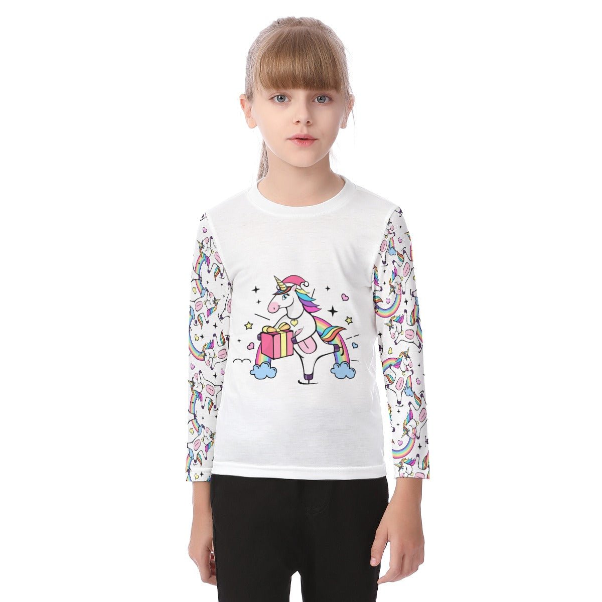 Kid's Long Sleeve Christmas T-shirt - Unicorn with Present - Festive Style